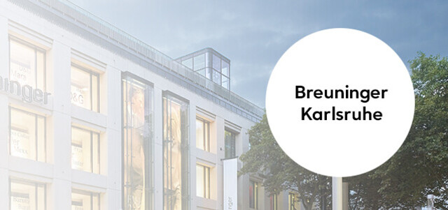 Außenansicht vom Breuninger Haus Karlsruhe mit eingeblendeter grafischer Markierung „Breuninger Karlsruhe“.