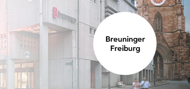 Außenansicht vom Breuninger Haus Freiburg mit eingeblendeter grafischer Markierung „Breuninger Freiburg“.