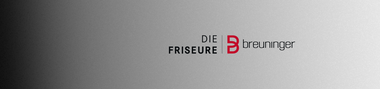 Grauer Hintergrund mit dem Schriftzug „DIE FRISEURE breuninger“. Zwischen den Worten befindet sich das rote Breuninger-Logo in Form eines stilisierten „B“.