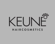 Grauer Hintergrund mit schwarzem Schriftzug „KEUNE HAIRCOSMETICS“, dargestellt als Logo der Marke.