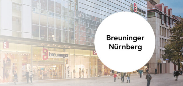 Außenansicht vom Breuninger Haus Nürnberg mit eingeblendeter grafischer Markierung „Breuninger Nürnberg“.