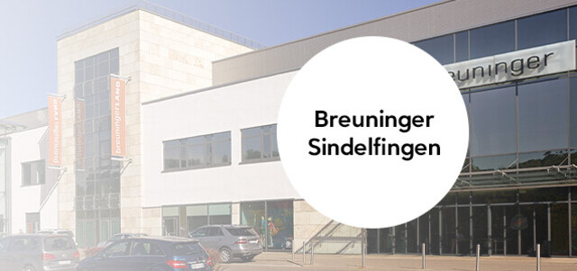 Außenansicht vom Breuninger Haus Sindelfingen mit eingeblendeter grafischer Markierung „Breuninger Sindelfingen“.