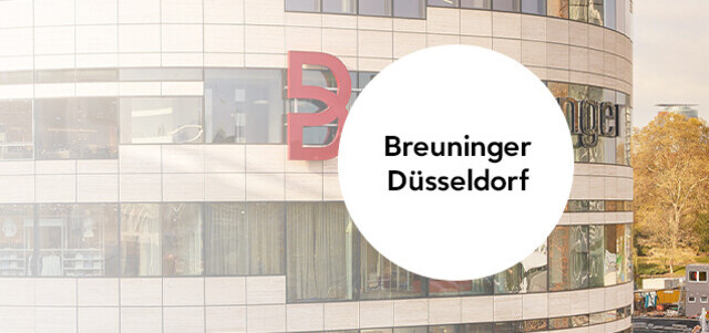 Außenansicht vom Breuninger Haus Düsseldorf mit eingeblendeter grafischer Markierung „Breuninger Düsseldorf“.